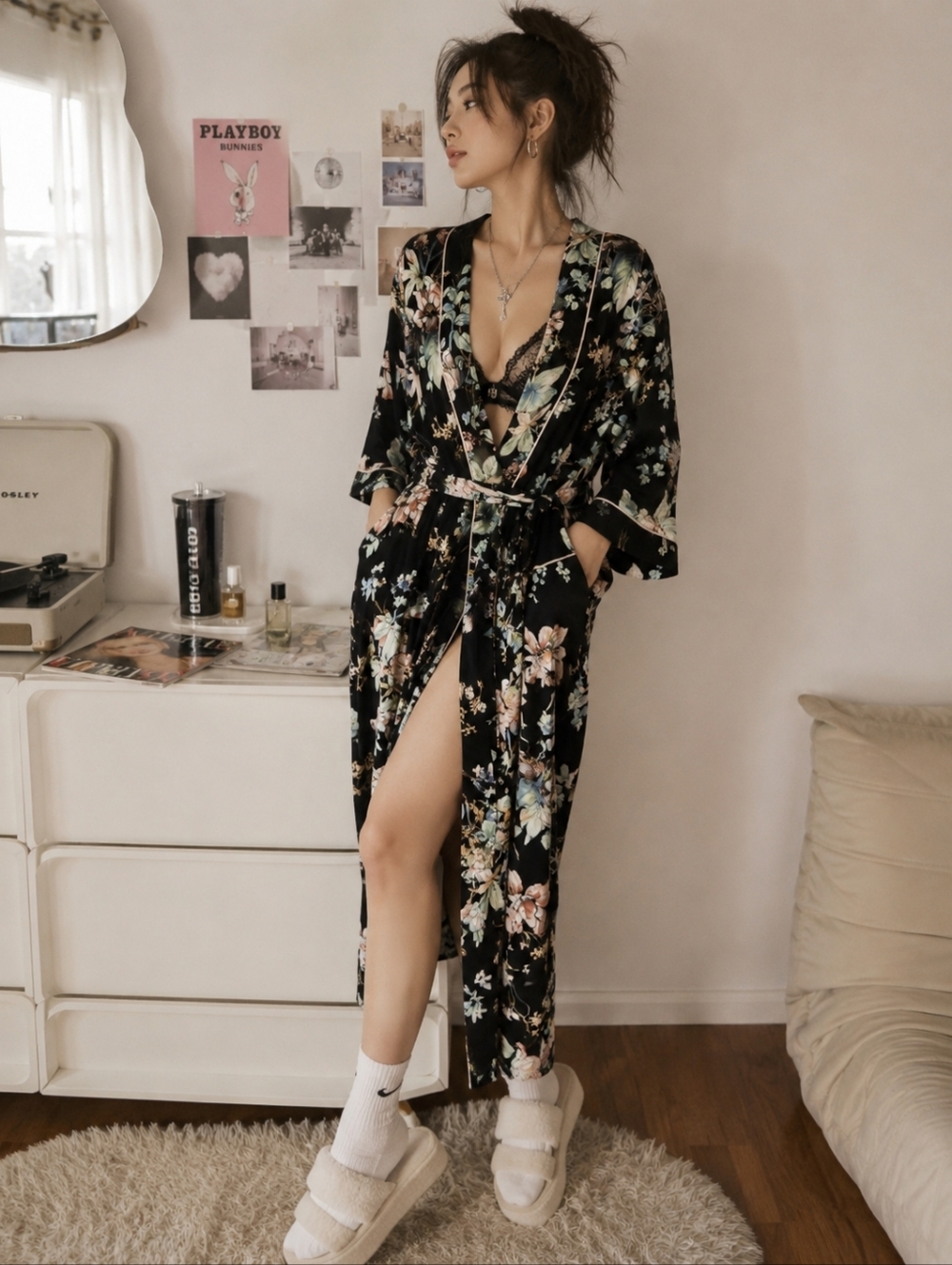 Bleuh Ciel Floral Robe Large Kimono Style Pastel Blooms Side Slit